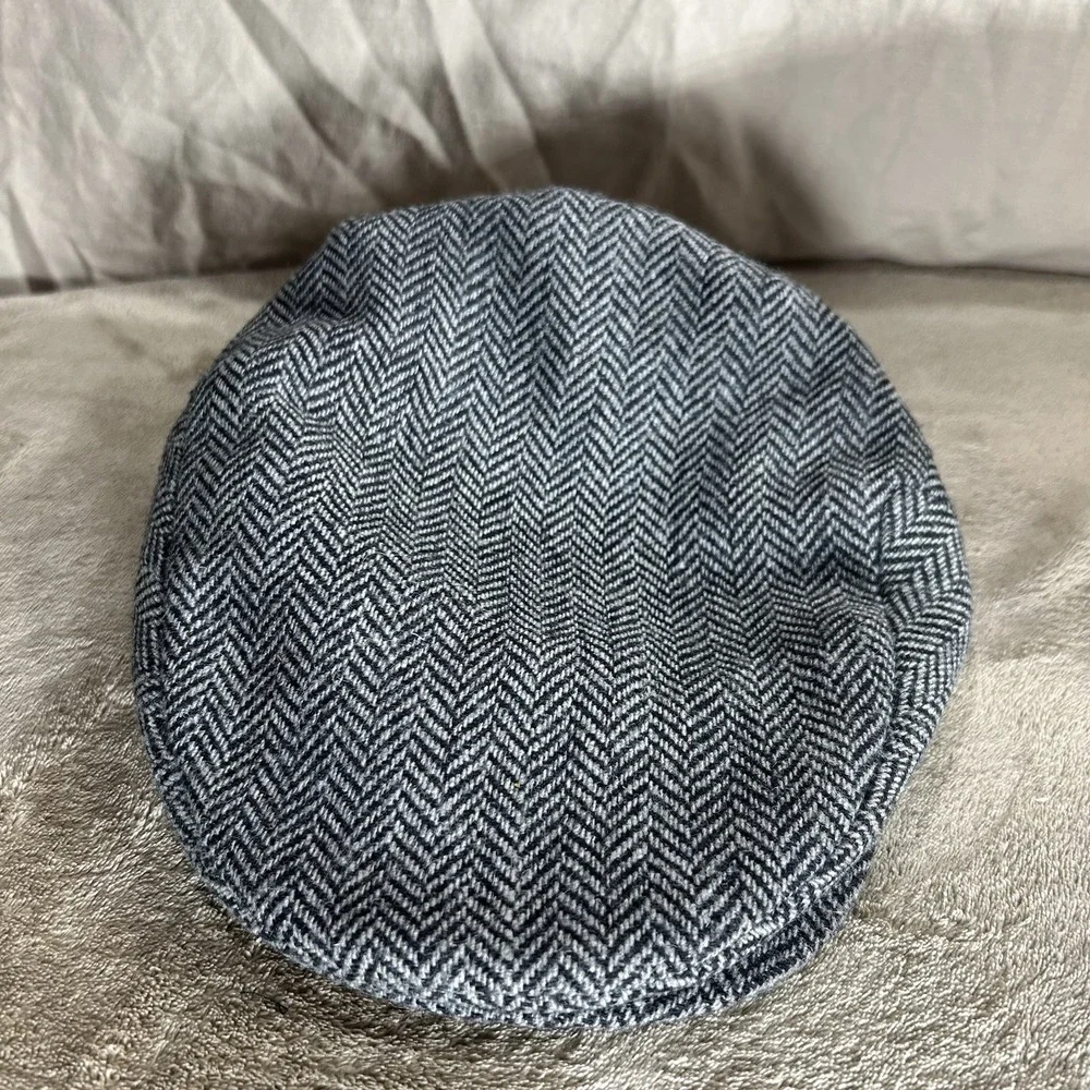 Men's Classic Grey Herringbone Flat Cap - Wool Blend Newsboy Hat - Size M